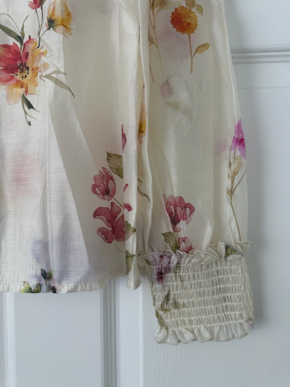 Bailey 44 Sheer Floral Button-Front Blouse in Ivory with Pink & Yellow Flowers - Picture 7 of 7